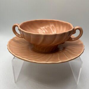 Franciscan Pottery Coronado Satin Coral Cream Bouillon Soup Bowl with Saucer